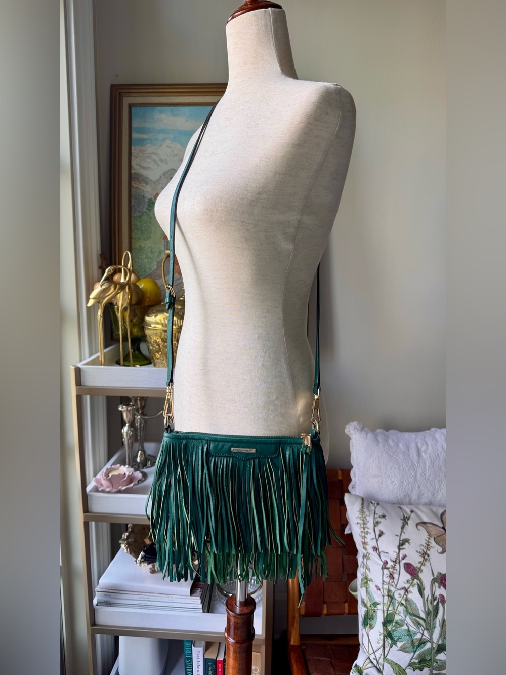 Rebecca Minkoff EmeraldGreen leather Fringe Finn Crossbody Bag